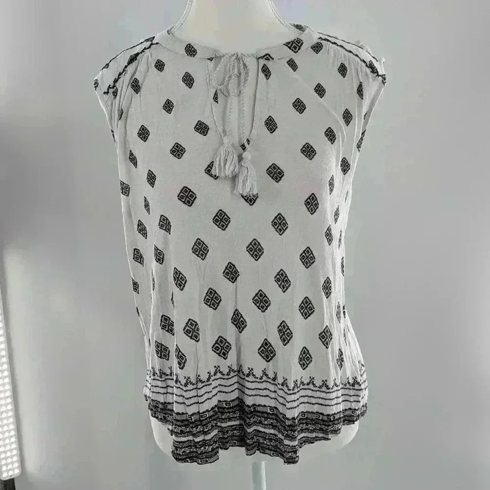 Lucky Brand Bohemian Sleeveless Blouse White W/ Black Diamond Women’s Size Mediu